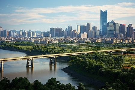 杨浦滨江背景图片_首尔市有水上建筑物和树木