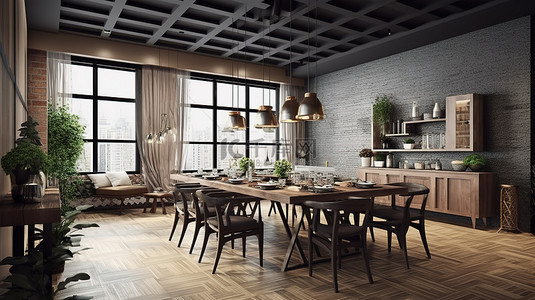 咖啡店或家中用餐空间的 3D 渲染