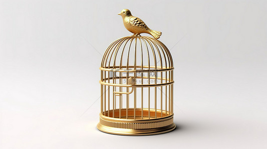 笼子权力背景图片_白色背景 3D 渲染中孤立的镀金笼子里的孤独鸟