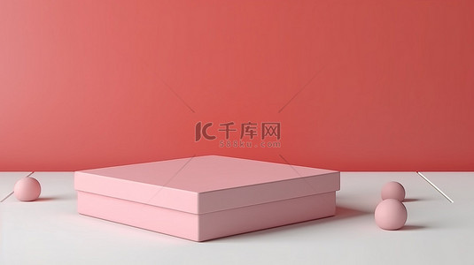 贴纸样机背景图片_带有白色包装纸和贴纸的粉色珊瑚盒的 3D 渲染在桌子上投射阴影