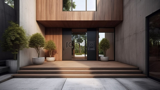 入口背景图片_现代家居入口，配有宽敞的木质庭院和光滑的 3D 混凝土墙