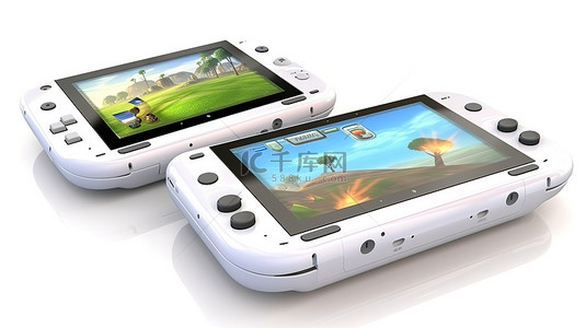 便携式背景图片_双屏 3D 移动游戏控制台，具有便携式手持设计白色隔离环境和两个屏幕的剪切路径