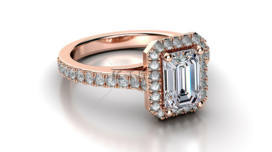 订婚迎宾牌背景图片_3D 渲染优雅祖母绿中心石玫瑰金光环订婚戒指，戒圈上有精美的副石