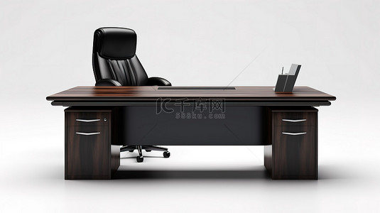 白色背景 3D 渲染上带抽屉和黑色皮椅的简约办公桌