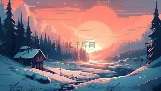 卡通短靴背景图片_晚霞木屋雪地美丽背景