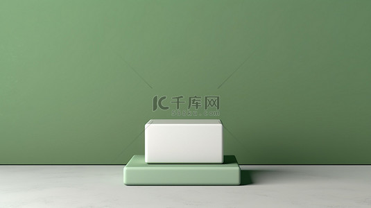 白色和绿色的柔和绿色背景上的空礼品盒样机的 3D 渲染