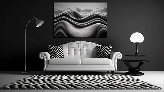 地毯地板背景图片_时尚的单色客厅配有艺术灯现代沙发和动态地毯纹理 3D 渲染
