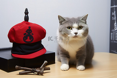 一只灰猫站在桌子旁边，旁边有一顶红帽子