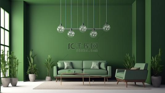 绿墙背景图片_3d 渲染中的绿墙客厅室内设计