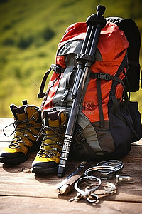 登山背景图片_徒步旅行者的背包和徒步装备