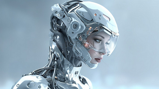 人力分析背景图片_戴着护目镜的女机器人从事 3D 渲染分析