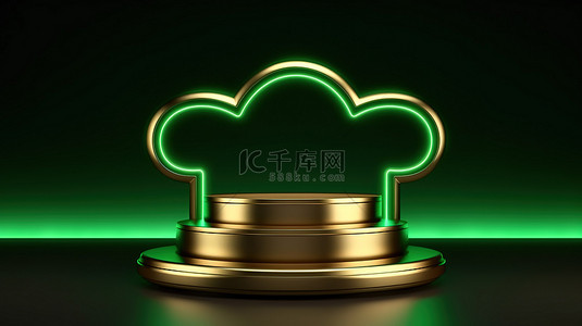发光的 3D 讲台架在豪华的金色云景背景下展示霓虹绿色产品