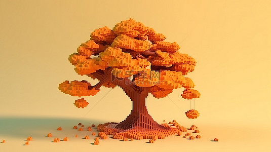 干树枝背景图片_秋季万圣节主题3D像素卡通棕色干树装饰
