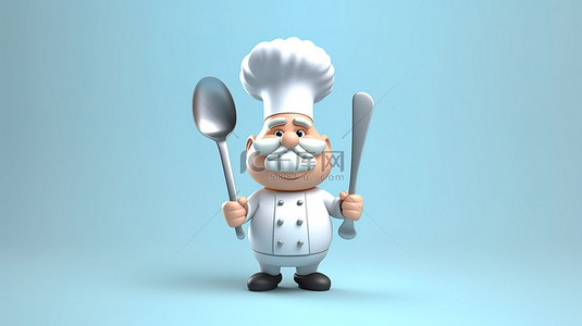 异想天开的 3D 卡通厨师挥舞着一把巨大的叉子