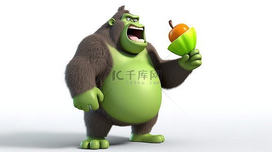 快乐的 3D 肥胖大猩猩人物抓着苹果，同时通过扬声器讲话