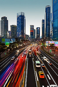夜景建筑城市背景图片_高速公路对面有大型建筑的城市的天际线