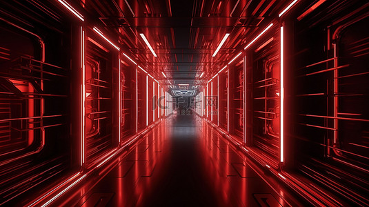 红灯背景图片_科幻和技术抽象背景在 3d 渲染金属走廊与红灯的踪迹