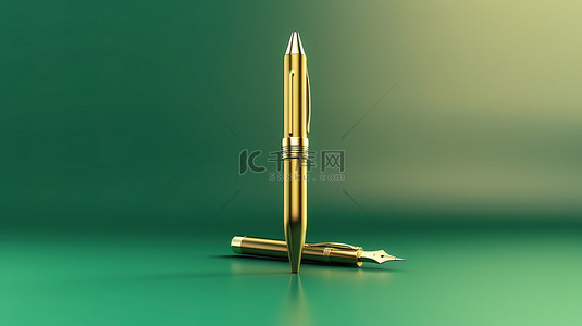 钢笔图标背景图片_潮水绿色背景上的金色财神笔图像 3d 渲染图标