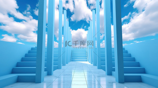 白色白云背景图片_白云沿着蓝色 3D 渲染的楼梯走廊上升