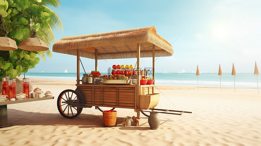 木制亚洲街头食品车的 3D 渲染，在热带海滩上提供肉丸面和海边椅子