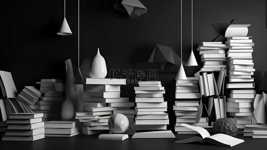 3D 渲染白色和黑色背景中的模型与一摞书