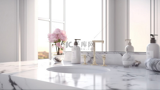 现代浴室的 3D 渲染，配有白色大理石桌面，用于蒙太奇