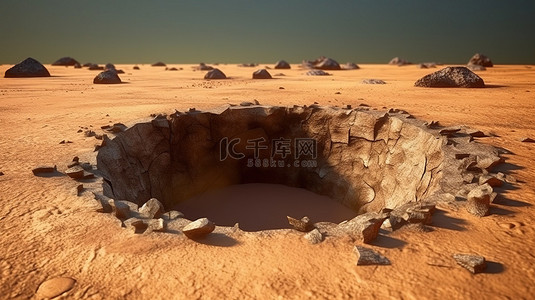 沙漠背景背景图片_干涸的加密挖掘现场化石的 3D 插图