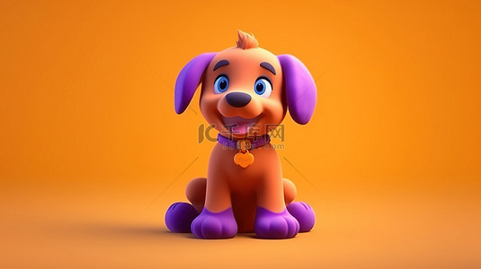 3D 渲染紫色游乐场设置与橙色小狗玩具