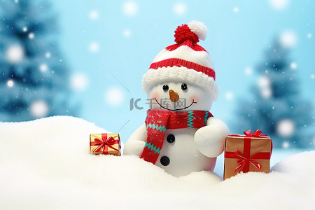 雪上的雪人坐在礼物上
