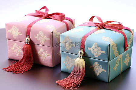 彩色礼物背景图片_两个带有流苏和刺绣的彩色缎面盒子