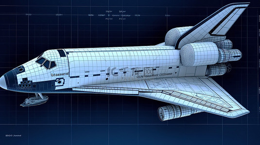 线线描背景图片_蓝色背景 3D 渲染中航天飞机的比例蓝图