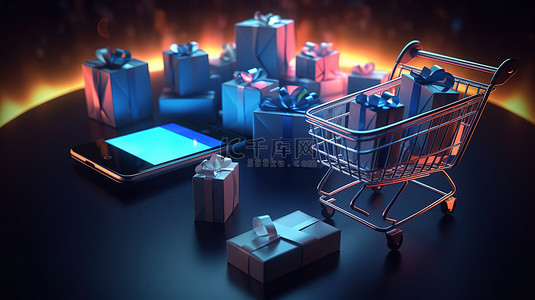 移动应用背景图片_虚拟购物体验 3D 渲染，以购物车钱礼盒和手机为特色