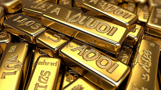 金条背景图片_带有字母“au”和证券的 3D 金条和金币插图