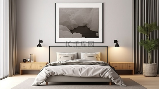 现代灰色色调的卧室内部，床边有 3D 渲染的空白海报框架模型