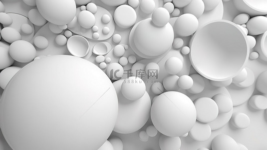 在抽象插图中的白色背景下关闭白色纹理球体和一组圆形形状的 3D 渲染