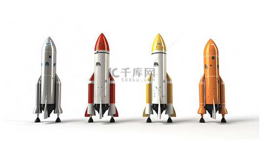 太空创意背景图片_在白色背景下升空的 3D 渲染火箭模型集合