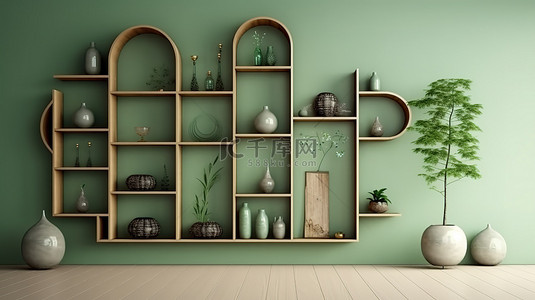绿色日本客厅中的简约木质展示柜 3D 渲染