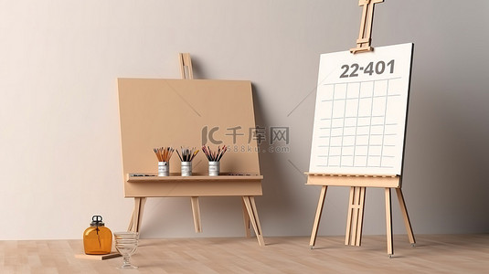 日历表格背景图片_用于绘画的空画布三脚架和用于演示的空白日历 3D 插图