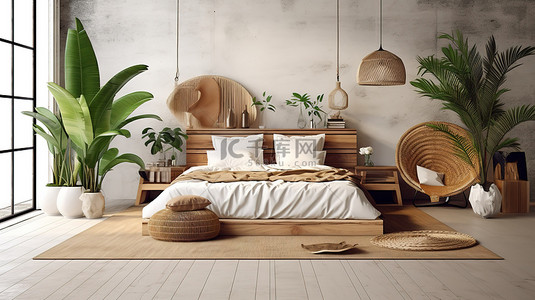 融入背景图片_天然家具将波西米亚风格融入农舍卧室内部 3D 插图