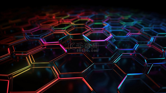 抽象现代背景下彩色照明的碳纤维六边形的充满活力的 3D 渲染