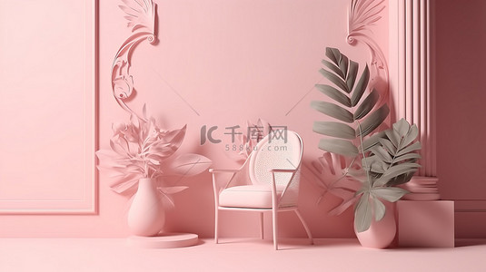 产品女性背景图片_柔和的粉红色 3D 讲台，配有扶手椅鲜花和棕榈叶阴影展示