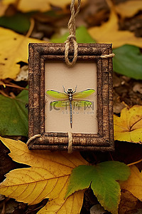 小蜻蜓挂在秋叶的框架上