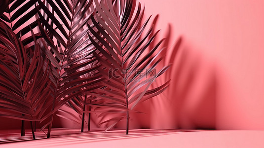 粉红色背景中的产品展示空间，带有 3D 渲染棕榈叶阴影
