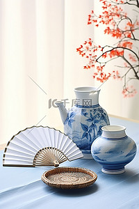 特产清酒背景图片_桌子旁边有一个壶茶碗和一把风扇