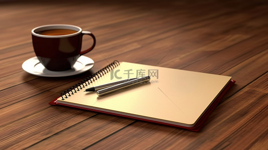 书笔背景图片_木桌设置咖啡笔和 3d 空白记事本