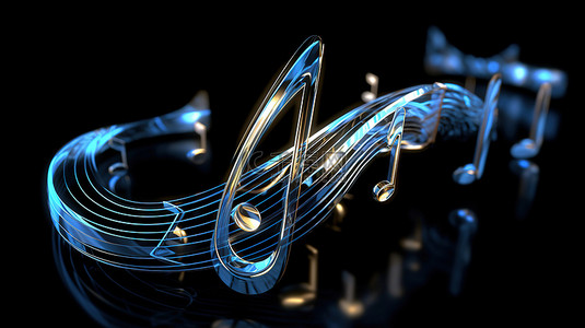 黑色背景旋转曲线和音乐符号的 3D 插图