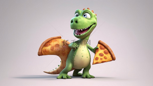 搞笑的 3D 恐龙拿着美味的披萨