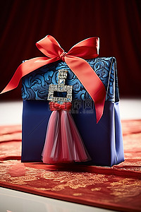 红色丝带蝴蝶结背景图片_带有红色丝带蝴蝶结的蓝色礼品袋
