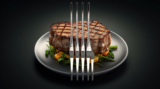 叉子上多汁牛排的 3d 渲染