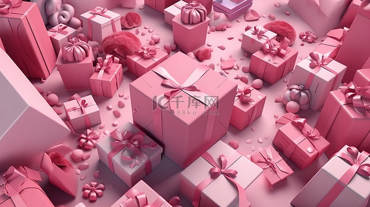 粉红色主题生日庆祝活动一系列顶视图 3D 渲染包装礼品盒
